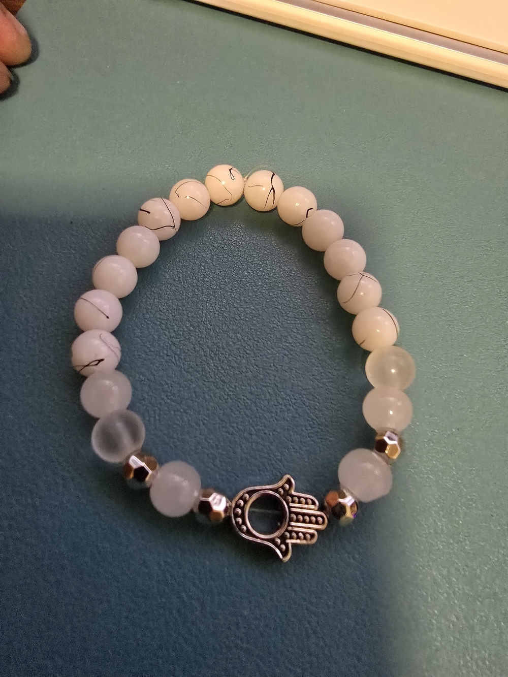 Handmade Hamsa Glass Bead Stretch Bracelet in White